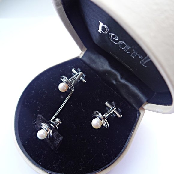 Cultured Pearls Sterling Cufflinks Tie Tack - Picture 2 of 3